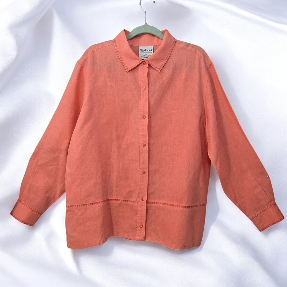 Westbound‎ Linen Button Down Top Embroidered Details Coral Woman XL Lagenlook